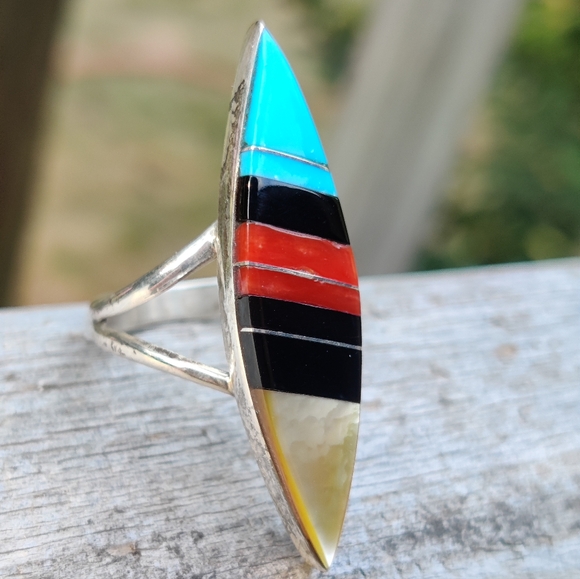 Antique Sterling Zuni signed turquoise coral onyx and mother of pearl ri… - Picture 6 of 10